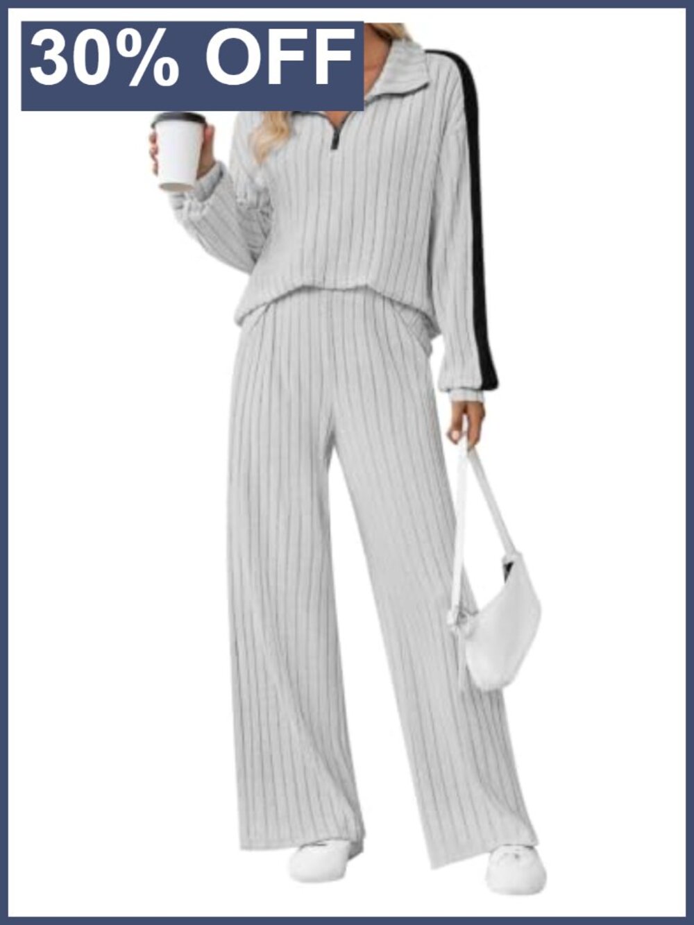 Ribbed Knit 2 Piece Sweatsuit Half Zip Wide Leg Lounge Set